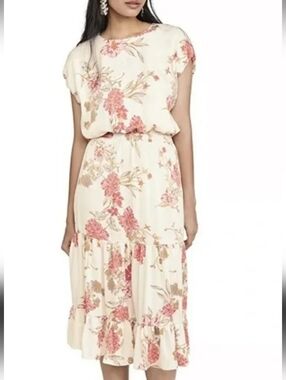 Misa Los Angeles Cream Midi Dress with orange Pink Floral Print size XS NWTS